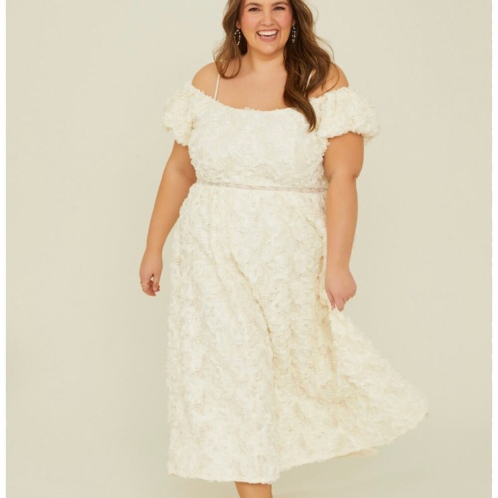 Cream Floral off the shoulder puff sleeve dress